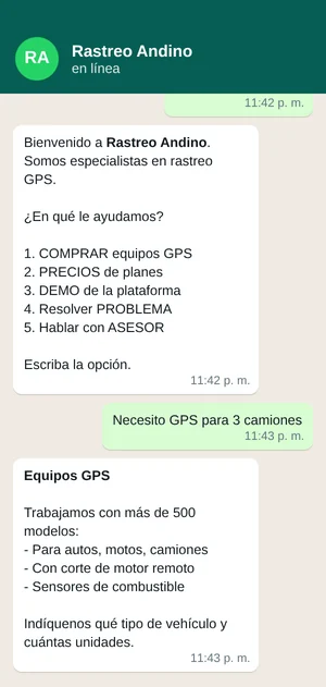 El chatbot de ventas contestando por WhatsApp a un interesado a las 11:42 de la noche