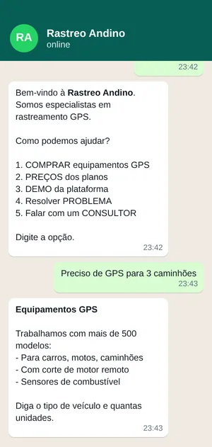 O chatbot de vendas respondendo pelo WhatsApp a um interessado às 23:42
