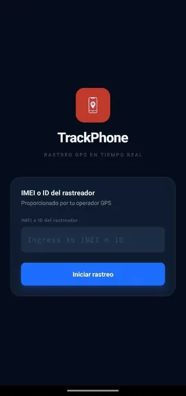 TrackPhone sign-in screen with the IMEI or tracker ID