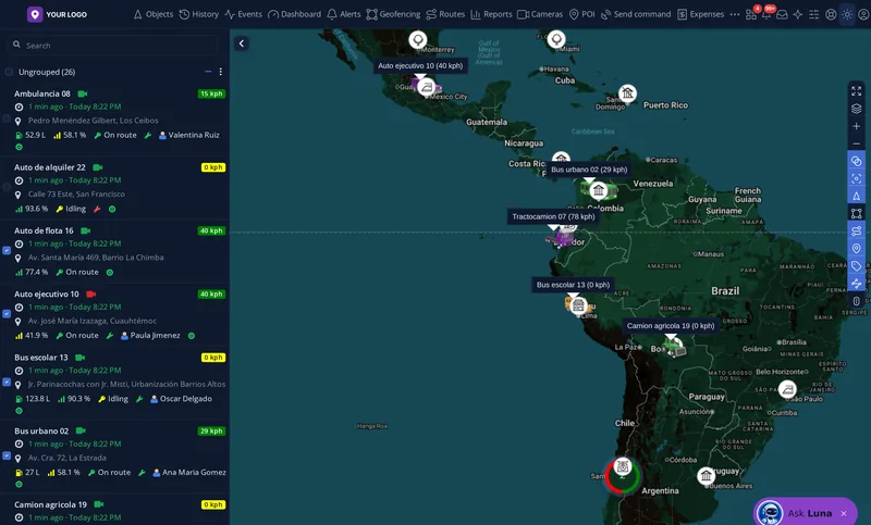 The tracking panel in dark mode with the space for your company logo