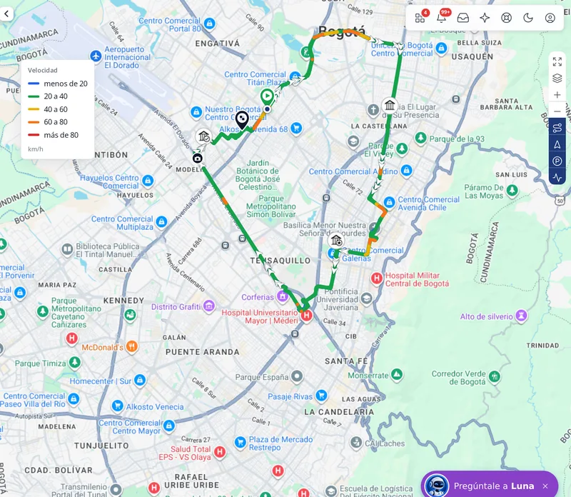 Recorrido de un día en Bogotá pintado por colores según la velocidad, con la leyenda de colores