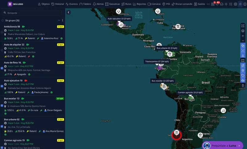 O painel de rastreamento no modo escuro com o espaço para o logo da sua empresa